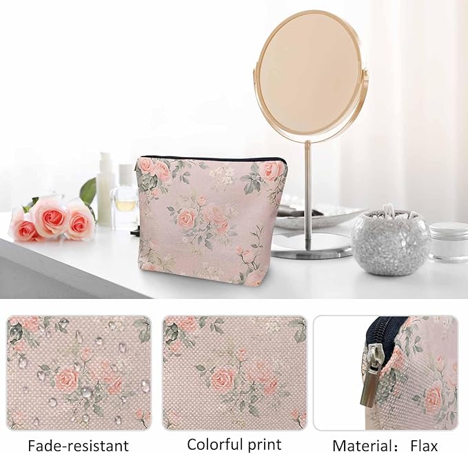 Makeup Bag For Purse Rose, Watercolor Floral Bouquet Roses Pink Cosmetic Bags For Women With Zipper Travel Toiletry Pouch Makeup Bags Makeup Organizers Purse For Toiletries Cosmetics
