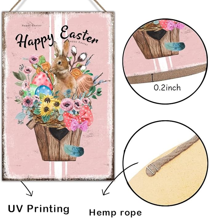 Happy Easter Flower Basket Bunny Wood Decor Sign French Style Floral Pink Stripes Wood Plaque Spring Farmhouse Decor Easter Bunny Wood Sign Plaques for Home Office Porch 8x12in