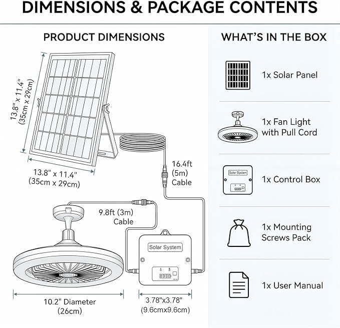 Solar Ceiling Fan with Light Indoor Outdoor, Daytime Available Solar Shed Fan Light with Pull String, 3-in-1 Modes, IP65 Waterproof for Gazebo, Shed, Barn, Patio, Chicken Coop (1 Pack)