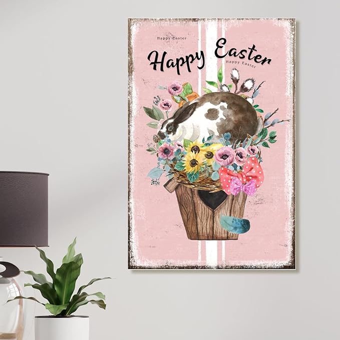 Happy Easter Flower Basket Bunny Sign Wall Decor French Style Floral Pink Stripes Sign Plaque Bunny Rabbit Happy Easter Wood Wall Decor Signs for Living Room Front Porch 12x18in