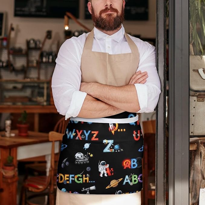 Unisex Chef Waiter Apron Waist Half Short Serving Aprons with 3 Pockets