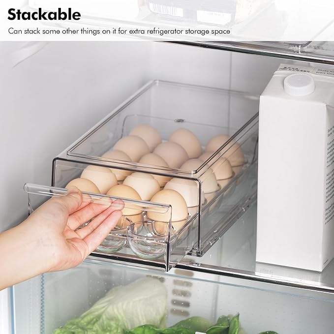Egg Container for Refrigerator, Stackable Egg Holder, Drawer Type Egg Organizer Holds 18 Eggs – Transparent