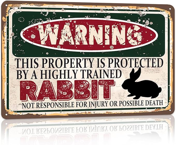 Vintage Rabbit Metal Sign， Warning this property is protected bY a highly trained Rabbit Sign Funny Tin Signs 12x8 Inch
