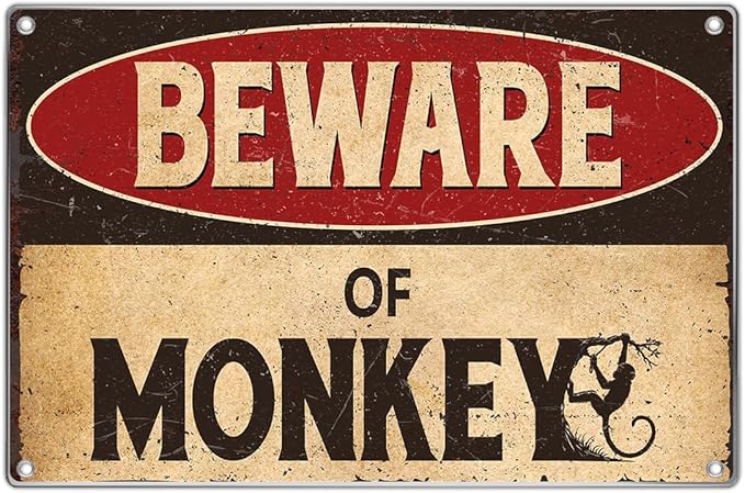 Vintage Beware Of Monkey Metal Sign Funny Warning Wall Decor 12 x 8 Inch Retro Tin Plaque For Man Cave Garage Home Bar Yard Art Outdoor Aluminum Indoor Kitchen