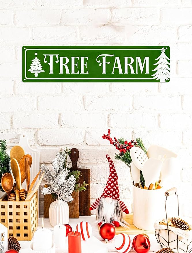 Tree Farm Christmas Metal Sign Vintage Print Art Poster Tin Plaque for Home Farmhouse Kitchen Patio Yard Cafe Bar Front Door Wall Decor 4x16 Inch