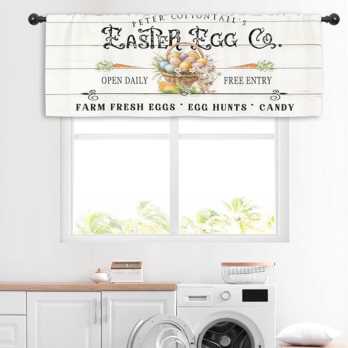 Miyotaa Rustic Easter Eggs Spring Kitchen Curtain Valance 54W x 18H Rod Pocket Farmhouse Rabbit Bunny Carrot Window Treatment for Living Room Bedroom Bathroom