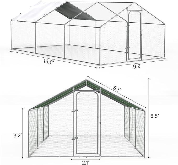 ORANLAND Large Metal Chicken Coop, Spire Chicken Runs for Yard with Cover, Walk in Chicken Coop with Security Lock and Waterproof Cover for Outdoor Farm Use