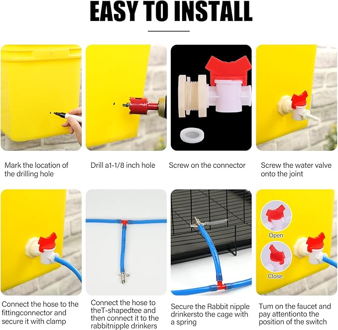 Automatic Rabbit Watering System 16PC Rabbit Waterer Kit Include 16 Nipple Drinker Feeders with 33ft Hose Barb Fittings to G1/2" Thread Connector Bunny Nipple Drinker Kit