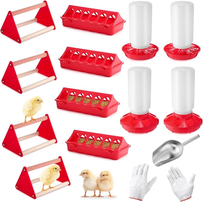 Honeydak 14 Pcs Chick Starter Kit Baby Chick Feeder and Waterer Set – Flip Top Poultry Feeder, 1l Water Dispensers, Perches, Gloves & Metal Feed Shovel for Ducklings, Quails Farming Supplies