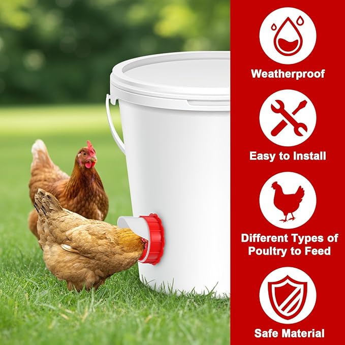 10Pcs DIY Chicken Feeders No Waste, Poultry Feeder with 10 Covers 1 Hole Saw, Waterproof Automatic Gravity Chicken Feeder Kits, Waterer Food Dispenser Set for Buckets Troughs