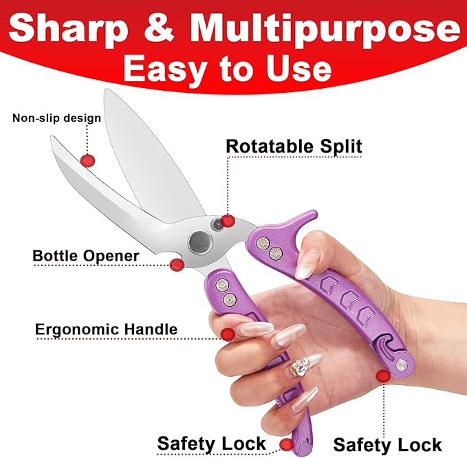 Heavy Duty Poultry Shears,Kitchen Shears for food Heavy Duty,Kitchen Scissors All Purpose,Rigid,Chicken,Fish,Meat,Easily Separable for Thorough Cleaning,Dishwasher Safe（PURPLE）