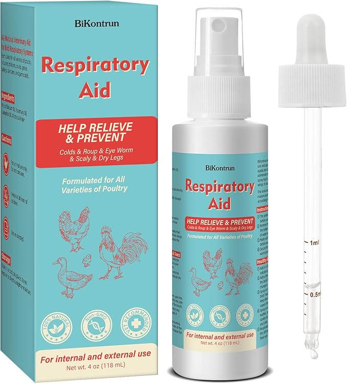Respiratory Aid for Poultry, 4Oz Chicken Supplement, Safe for All Birds, Dropper and Spray Top Included, Drinking Water Additive, Natural Liquid Formula