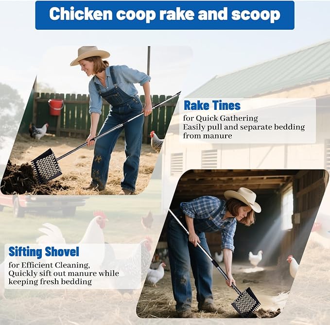 Chicken Poop Scooper and Rake 2-in-1, Metal Chicken Coop Scoop - 32 to 62" Adjustable Handle Sand Sifting Shovel Cleaning for Chicken Coops Animal Pens, Reinforced Joint