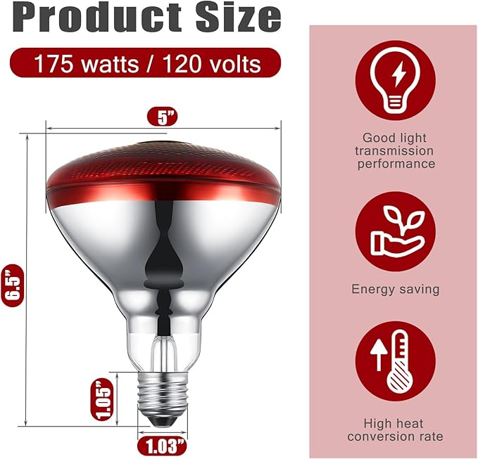 VIHOSE 4 Pack Infrared Heat Lamp for Chickens 175 Watt 120v Thickened Red Heat Lamp Bulbs for Food Service, Reptile, Pet, Bathroom, Light Therapy Use E26 Base