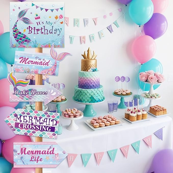 WERNNSAl 10PCS Mermaid Birthday Party Decorations - Ocean Party Decorations for Girls Kids Mermaid Birthday Party Supplies under The Sea Mermaid Sign for Home Door Yard Wall Decor