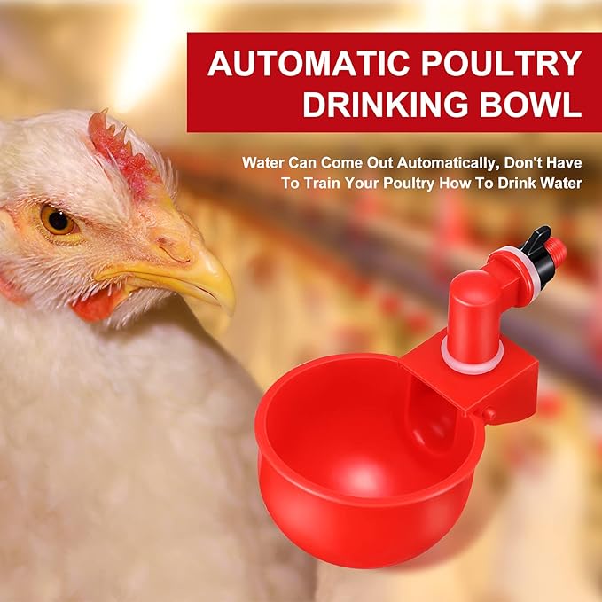 Patelai Chicken Water Cups, Chicken Waterer Cups Summer Water Feeder Cup 3/8 Inch Thread Automatic Filling Waterer Poultry Drinking Bowl for Duck Turkey Bunny(Red,24 Pieces)