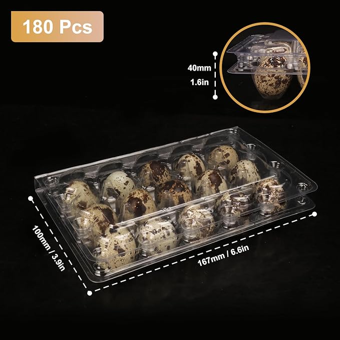 180 Pack 3 x 5 Grids Quail Egg Cartons, Clear Plastic Quail Egg Trays, Holds up to 15 Quail Eggs Securely for Bulk Storage and Display