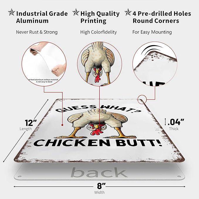 Funny Chicken Coop Metal Sign-"Guess What? Chicken Butt”Posters Wall Art- for Farmhouse Kitchen Home Decor 8x12inch