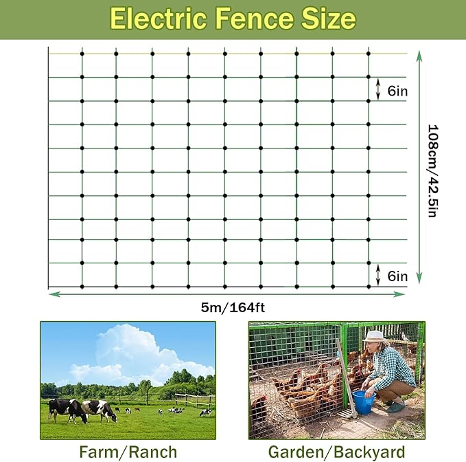 Electric Poultry Netting, Solar Powered Electric Fence, Portable Livestock Nets Mesh with 14 Posts Double Spiked, Electric Fencing for Backyards, Farms, Ranches, Gardens,108cmH