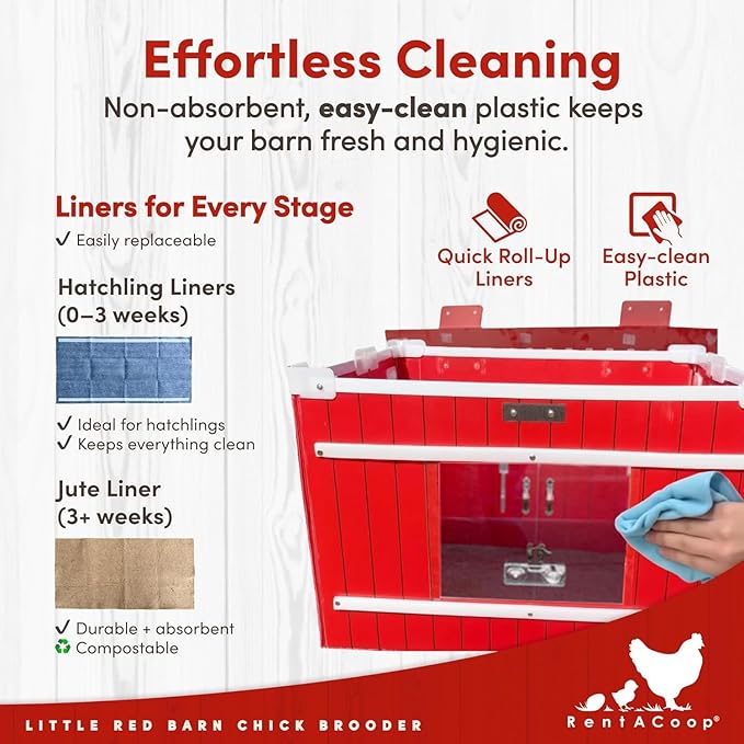 RentACoop Little Red Barn Chick Brooder | Durable, Lightweight, Easy-Clean, Multipurpose | with Absorbent Hatchling Liners, Jute Liners, LED Light, Security Latch