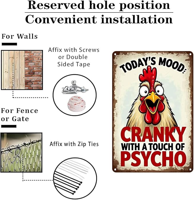 FunnySign Chicken Gifts Rooster Décor Today's Mood: Cranky With A Touch Of Psycho Rustic Tin Sign For Home Farm Chicken Coop Decor 8x12 Inch (9711)