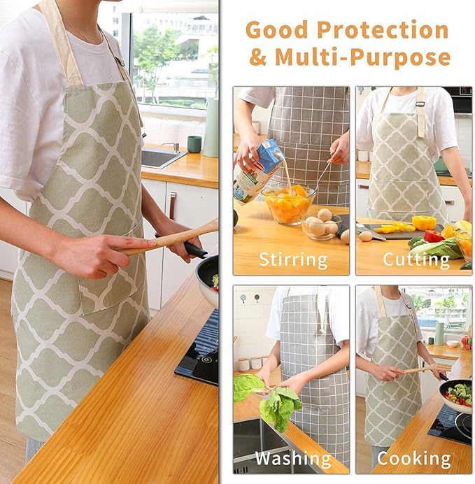 Tosewever 2 Pack Cotton Adjustable Bib Apron for Women, Cooking Kitchen Aprons with Pockets BBQ Drawing, Mom Woman Men Chef (Cotton - Grey/Green, 2)