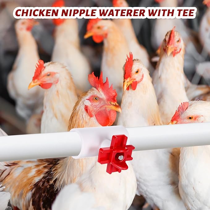 20 Pack Horizontal Chicken Water Nipples with 1/2'' PVC Tee Fittings Automatic Chicken Water Feeder Easy Install Chickens Nipples Waterer Horizontal Side Mount Poultry Nipple Waterer