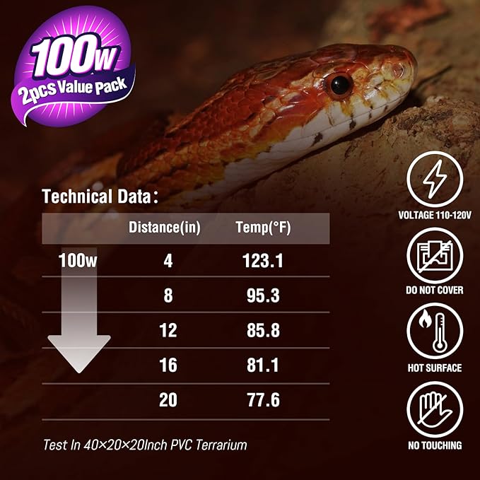 Leoterra 100W High-Power Reptile Red Heat Lamp 2-Pack, Intense Infrared Night Heat Bulb with Thickened Glass, 2000+ Hours for Large Tortoise, Iguana, 40-75 Gal Tank E26 Base 110v