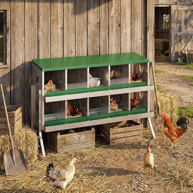 10 Holes Chicken Nesting Boxes, Nesting Boxes for Chickens, Easy to Clean and Install, Chicken Laying Box for Outdoor Chicken Coop Farm Yard, with Metal Legs, Green