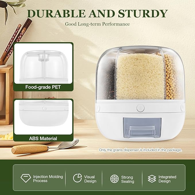 Rotating Grain Dry Food Dispenser Countertop - 6 Grids Cereal Tank Dispenser for Lentils, Rice, Beans - Kitchen Pantry Storage Container- Max 10kg/22 lbs Capacity - White