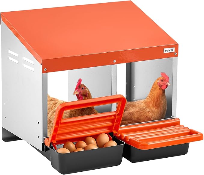 VEVOR Chicken Nesting Boxes, 2 Compartments, Easy Egg Collection, Wall Mount, Easy to Assemble, Galvanized Steel and High-Strength Plastic, Roll Away Nesting Boxes for Chickens Laying Eggs, Orange