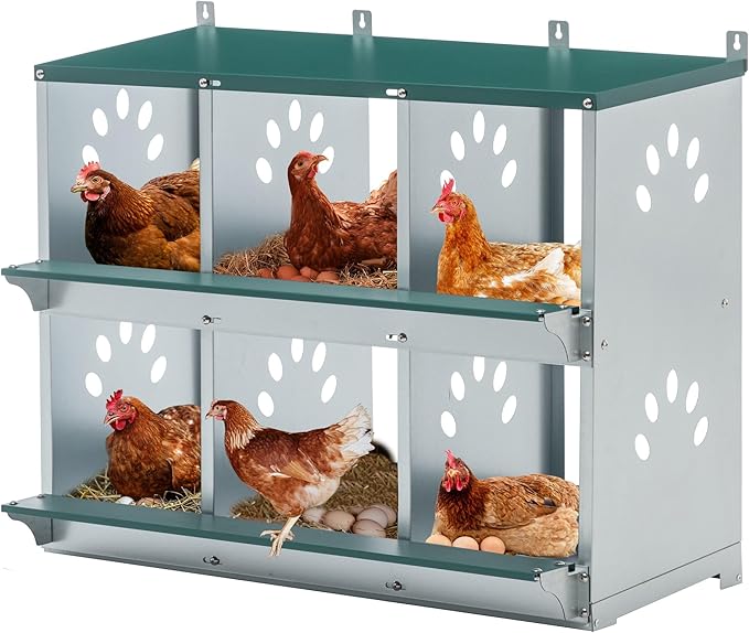 Chicken Nesting Boxes for Laying Eggs, Wall Mount Metal Poultry Nest Box for Hens, Large Vented Holes Chicken Coop Box, Galvanized Steel Nesting Boxes for Hens (Green, 6 Compartment)