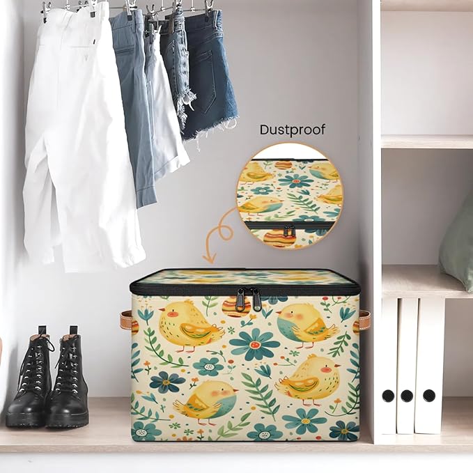 Storage Cubes with Lid Fabric Storage Bins Boxes PU Leather Handles, Farmhouse Chicken Closet Organizer Container Foldable Washable Shelf Cloth Basket, Vintage Farm Chicken