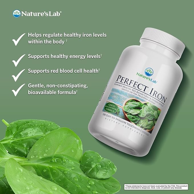 Nature's Lab Perfect Iron 25mg Dietary Supplement - Gentle Non-Constipating Formula - Supports Healthy Red Blood Cells & Energy Levels - 180 Capsules (6 Month Supply)