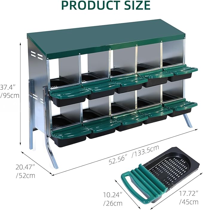 Chicken Nesting Box, Egg Laying Box, Convenient for Collecting Eggs, Ventilated Poultry House Equipment in Metal Chicken Coop, Suitable for Hens and Ducks (Green, 10 Holes with Legs)