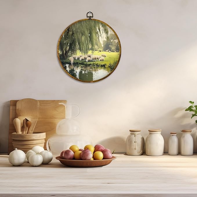CUANFDDSF Rustic Farmhouse Sheep Round Wall Art, Retro Countryside Landscape Cottagecore Framed Hanging Wall Decor, Country Farm Life Animal Canvas Prints Decorations for Home Living Room, 10x10 Inch