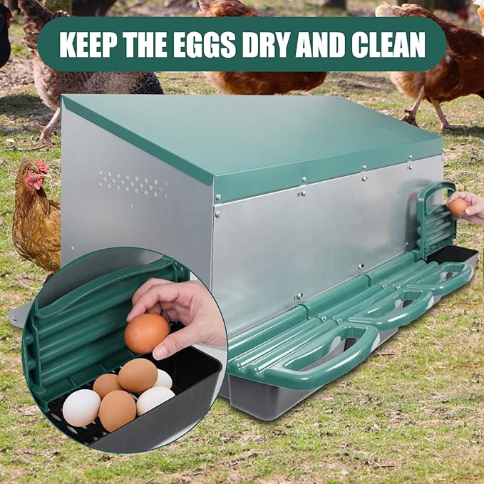 Chicken Nesting Box, 4 Holes Nesting Boxes, Heavy Duty Metal Laying Boxes, Roll Away Nesting Box Egg Collection Tray, with Roosting Pole for Chicken Coop(Green)