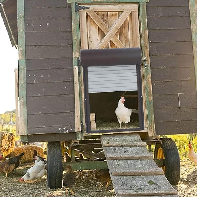 Automatic Solar Powered Chicken Coop Door with Light Sensing and Timer, Metal Iron Auto Chicken House Protection Door for Duck Goose, Remote Control, with LED Clear Dosplay (Brown)