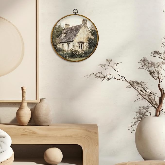 CUANFDDSF Vintage Rustic Countryside Round Wall Art, Retro Farmhouse Framed Hanging Wall Decor, Cottagecore Antique Country Landscape Canvas Prints Decorations for Home Bedroom Living Room, 10x10 Inch