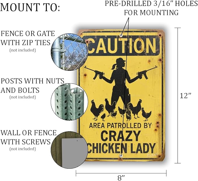 Crazy Chicken Lady Sign – Funny Caution Farm Sign, Vintage Metal Chicken Warning Wall Decor, Rustic Backyard Poultry Humor 8x12