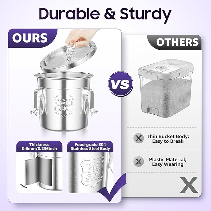 6L/1.59gal Stainless Steel Airtight Canister,Stainless Steel Storage Bucket with Airtight Lid &Locking Clamp,Durable Food Storage Canisters,Canisters Container for Flour,Grain, Oil,Rice,Sugar (6L)