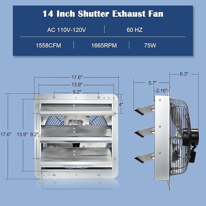 Hiorucet 14'' Shutter Exhaust Fan, High Performance Low Noise Garage Louvered Exhaust Fan Wall Mounted with Thermostat and Speed Controller for Greenhouse, Shop, Attics, Chicken Coop, Shed, Basement.