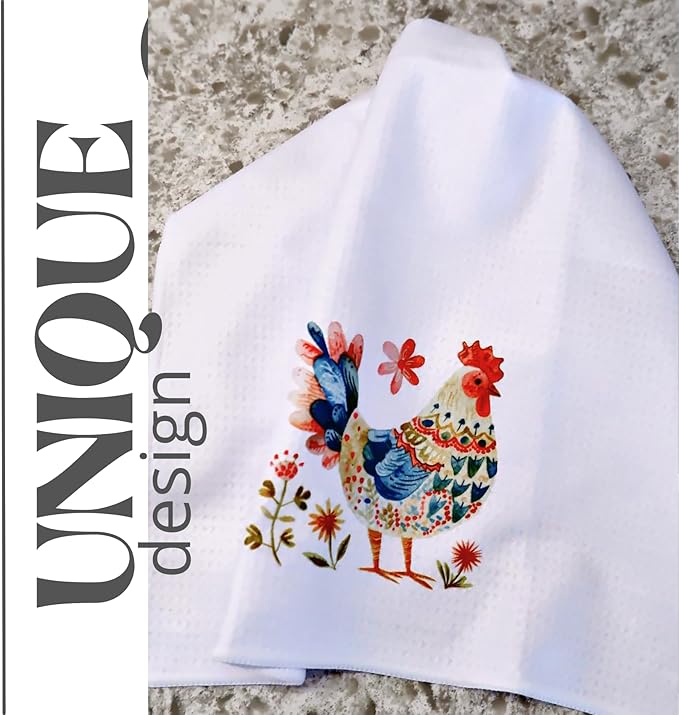 InnoBeta Chicken Gifts, Kitchen Towel 2 Pack with Funny Chicken Design, 16x24 in Microfiber Dish Tea Towel, Hand Towel, Chicken Farmhouse Decor Stuff Gifts for Chicken Lovers - White