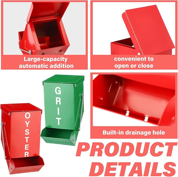 Zonon 2 Pcs Chicken Oyster Shell and Grit Feeder Metal Automatic Feeder with Lid Chicken Coop Accessories Multiple Installation Methods for Hens Chicks Cages Wall Pillar(Green and Red)