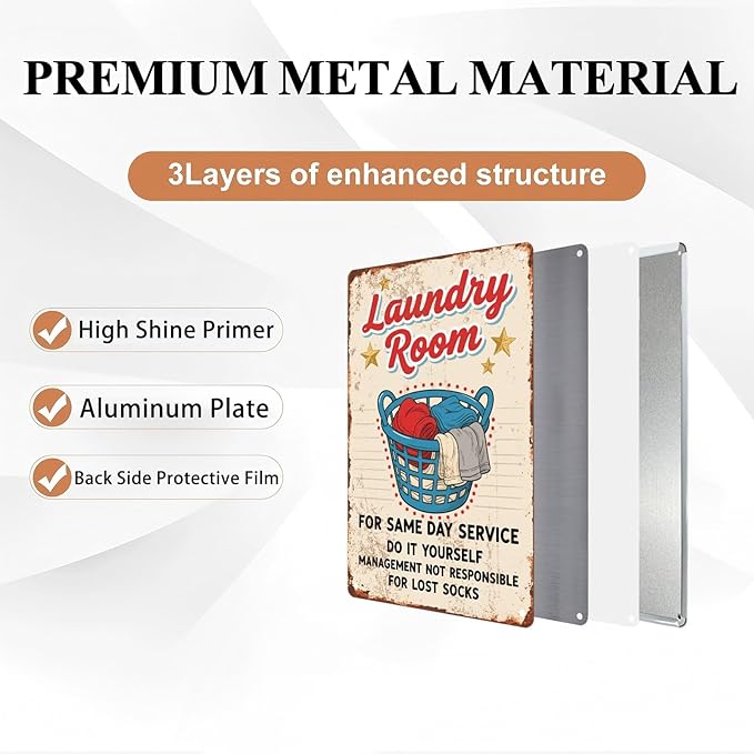 Vintage Laundry Room Metal Tin Sign Retro Styled Wall Art for Bathroom Decor and Utility Room Wall Display 8X12Inch