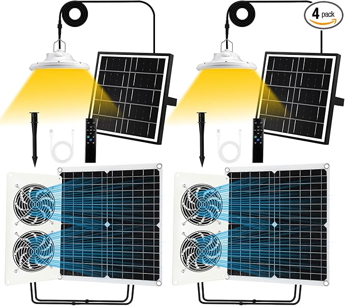 4 Set 25W 12V Solar Panel Dual Metal Shell Fan Kit and Solar Chicken Coop Shed Light with Timer, Waterproof for Inside Chicken Coop, Shed, Greenhouses, Pet House