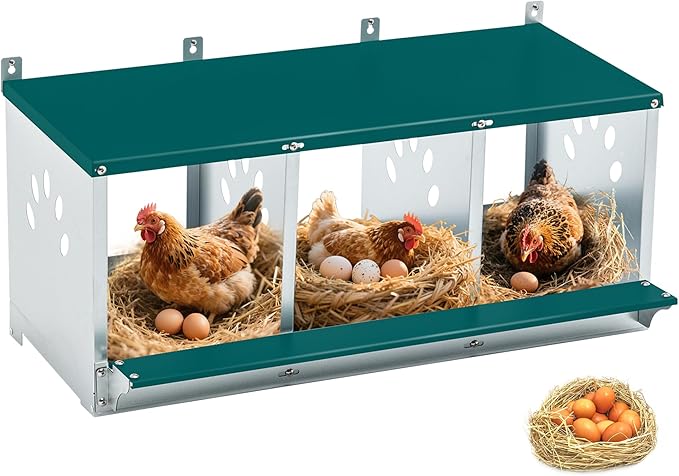 Chicken Nesting Box for Laying Eggs, Metal Chicken Laying Boxes Wall Mountable, Easy Egg Collection Roll Away Nesting Boxes Chicken, Chicken Coop Nesting Boxes for Hens, 3 Compartments