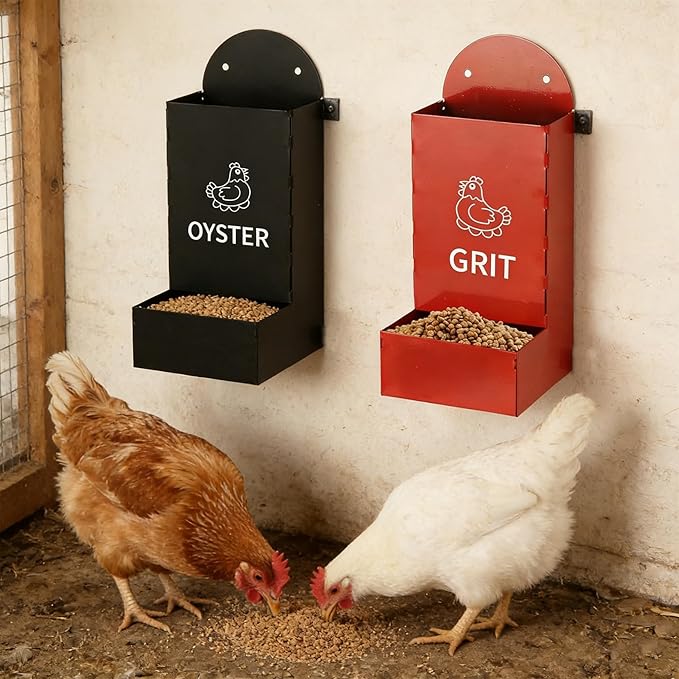 Hanging Chicken Feeder Metal (2 Pack), Wall Mounted Poultry Grit Feeder with Weatherproof Lid, Durable Chicken Coop Accessories for Chickens, Ducks, Quail, Red & Black