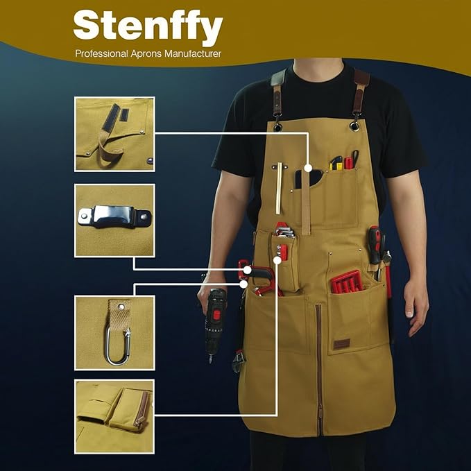 Woodworking Apron, Tool Apron, Canvas, Multiple Pockets, Adjustable Zipper, Metal Ring, Tape Measure Clip, Plus Size, Khaki.