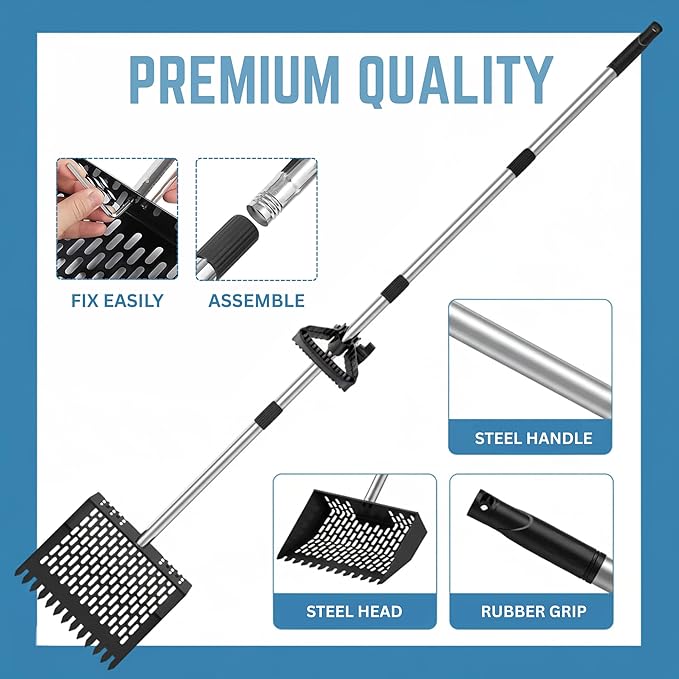 2-in-1 Chicken Poop Scooper, Rake with Grip & Gloves Adjustable 35–62” Stainless Steel Chicken Coop Scoop, Heavy-Duty Metal Cat Litter Scoop, 10" Sifting Shovel for Pet Waste Cleaning